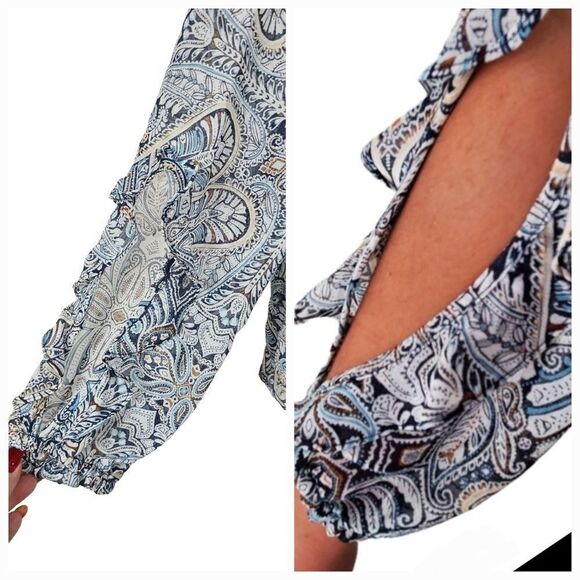 BCBGeneration Women's Sheer Blue Paisley Babydoll Top Long Ruffle Sleeve Blouse - Picture 3 of 13